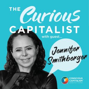 The Curious Capitalist podcast cover with Jennifer Smithberger. Jennifer is a white woman with brown curly hair and is wearing a satin shirt