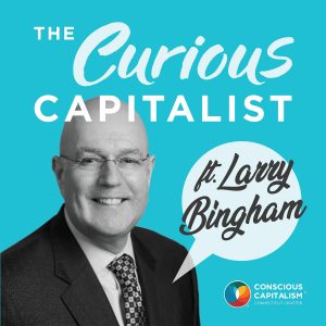 The Curious Capitalist podcast cover with Larry Bingaman. Larry is a bald white man with glasses and is wearing a suit.